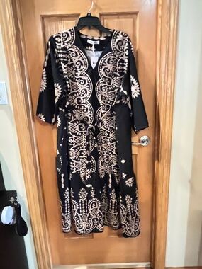Boho Embroidered Black and Cream Midi Dress